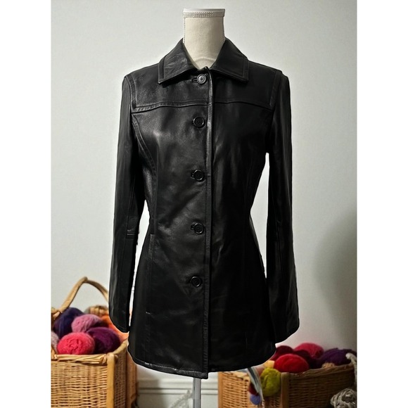 COACH Long Classic Sleek Black Leather Quiet Luxury Minimalist Structured Coat S - Picture 1 of 9